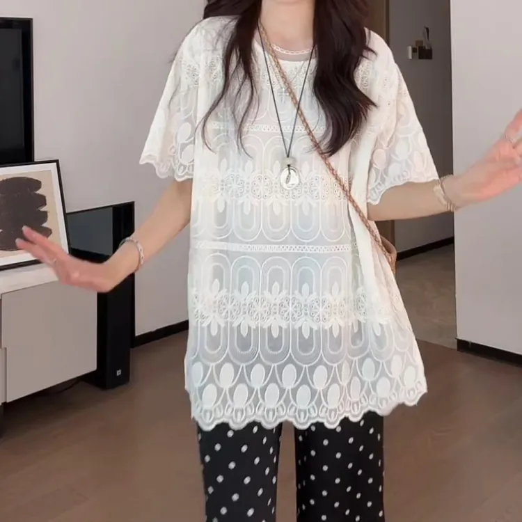 2025夏季新款休闲时尚洋气宽松套头蕾丝短袖上衣LK2504748