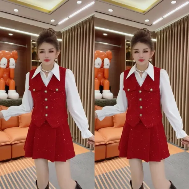 时尚套装女2025秋冬季新款洋气小香风重工亮丝马甲衬衫矮个子套装