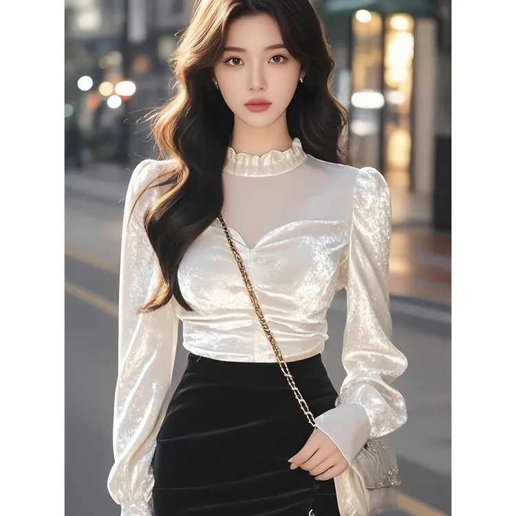 【381】法式丝绒长袖衬衫女秋冬新款内搭打底衫高级感气质上衣