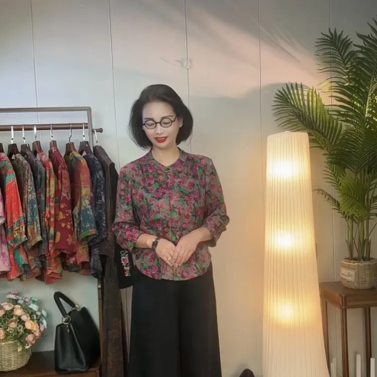 【牡丹园】双层纱数码印花小立领长袖修身显廋休闲开衫上衣3508