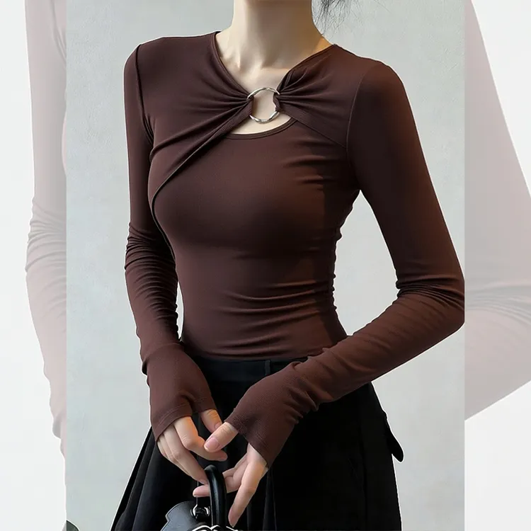 别致独特漂亮咖色小衫内搭打底镂空长袖t恤洋气休闲上衣女秋冬季
