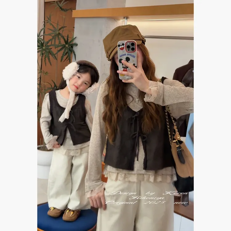 Q【洛克漫史】二Hihoniya~2025秋季亲子蕾丝拼接绑带马甲叠穿套装