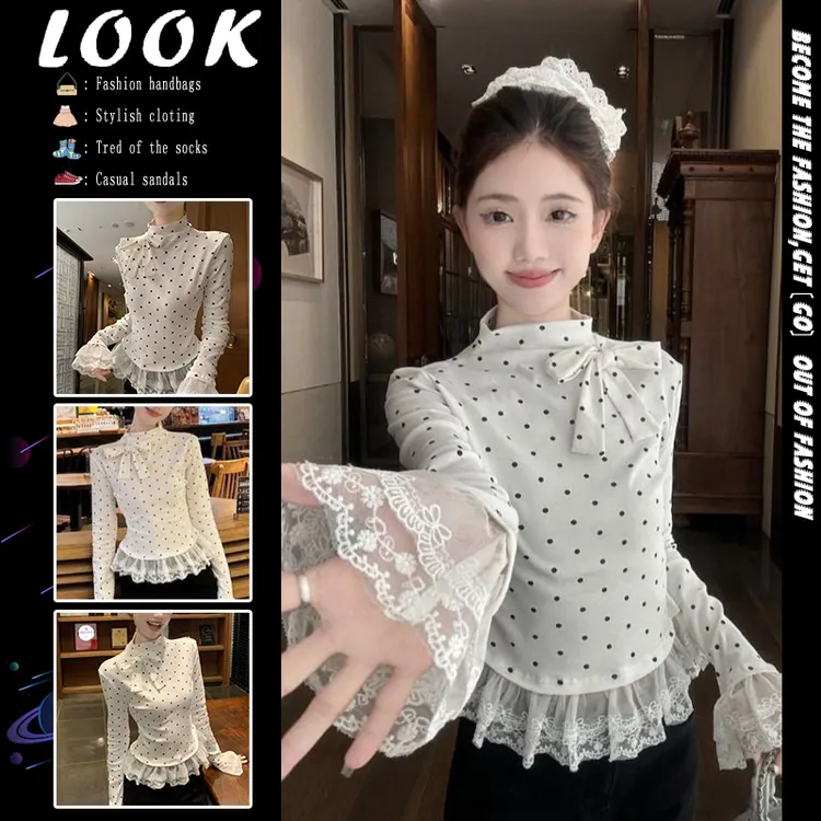 白色波点半高领长袖T恤女秋季蝴蝶结打底衫蕾丝花边内搭短款上衣