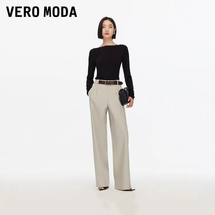 Vero Moda休闲裤女2025新款撞色腰带纯色百搭直筒裤老钱风松弛感