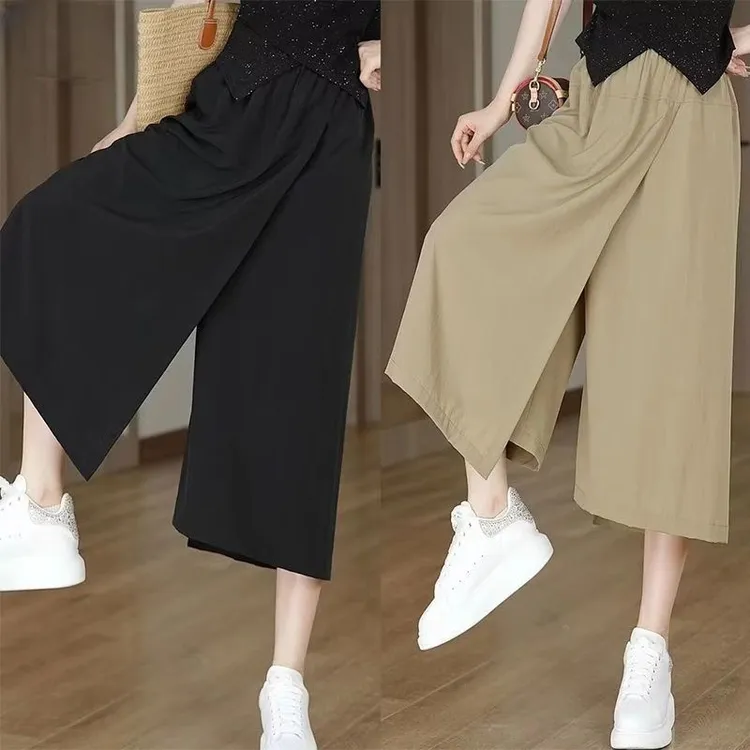 夏季薄款宽松高腰开叉慵懒风休闲裙裤女胯大腿粗显瘦八分阔腿裤潮