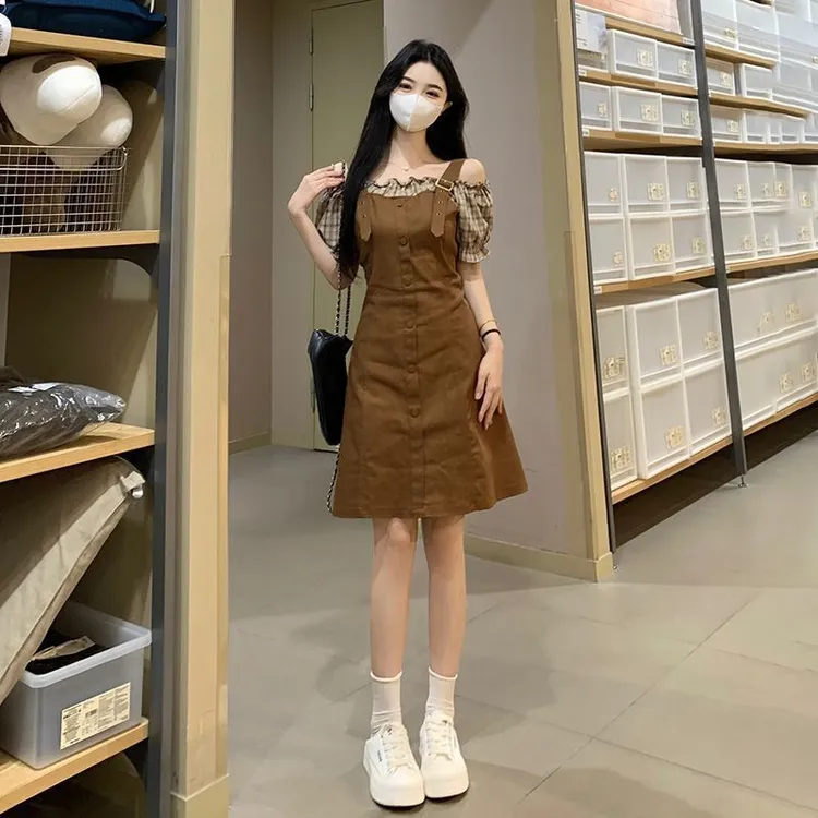 大码短袖法式夏季格子拼接假两件胖复古收腰气质裙子泡泡袖