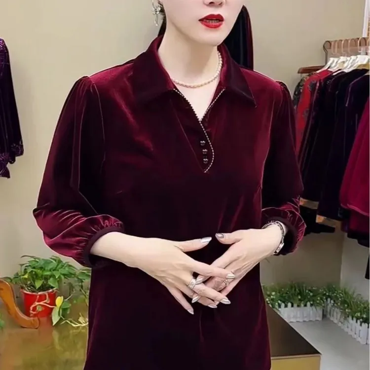 三粒扣翻领丝绒时尚小衫宽松遮肉适合妈妈穿着