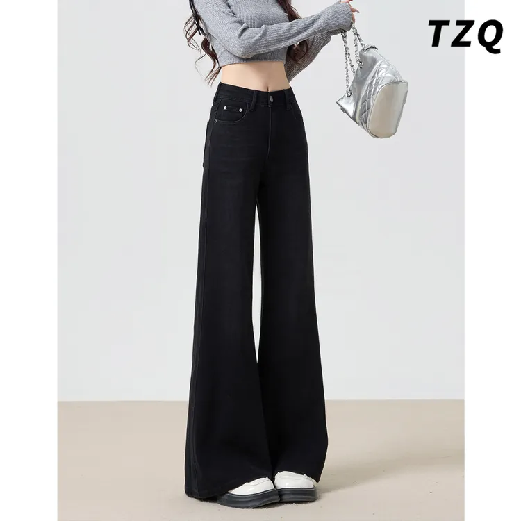 黑色低腰微喇牛仔裤女秋宽松显高显瘦不贴腿百搭喇叭裤TZQ2581214