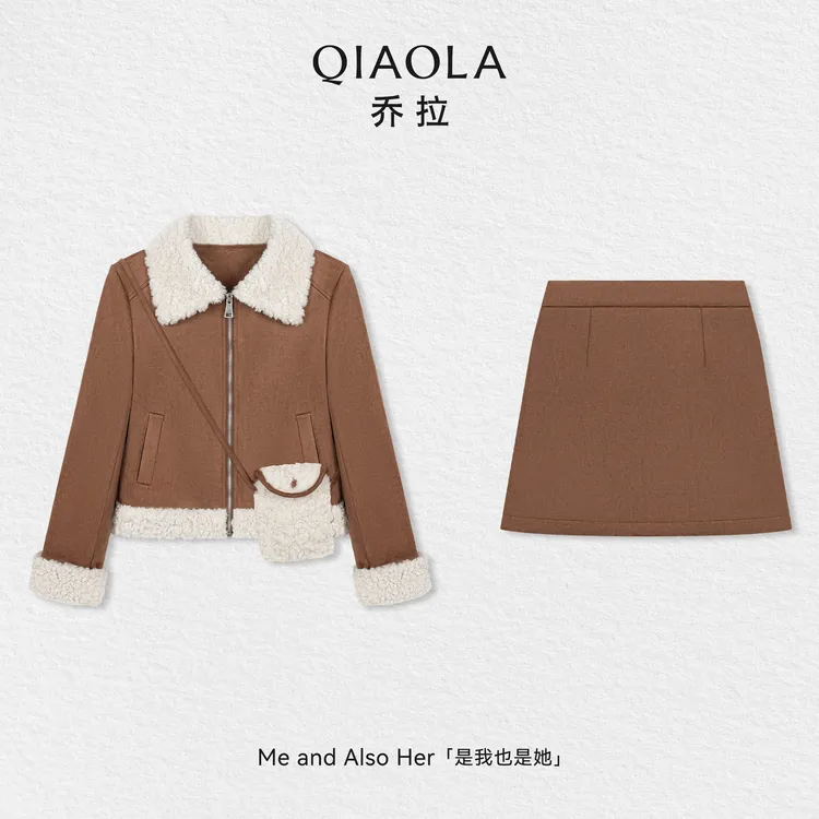 QIAOLA/乔拉【可可奶盖】秋冬季仿羊羔毛拼接翻领短款休闲时尚套装