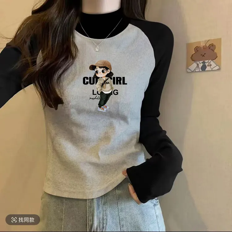卡通秋冬棉质插肩袖女中高领保暖打底黑灰色拼接正肩显瘦T恤