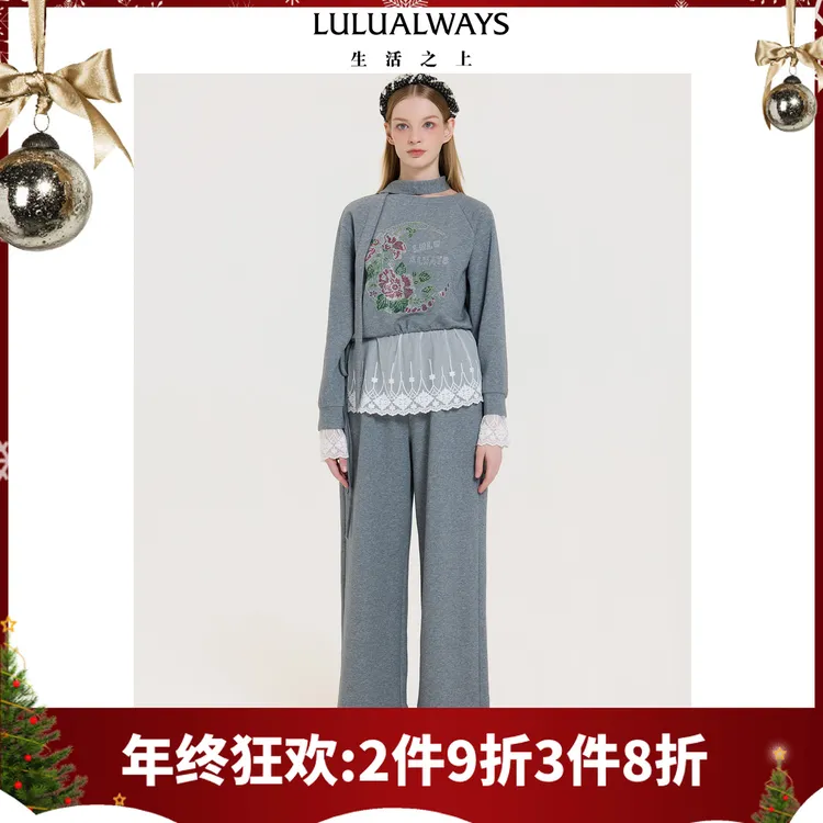 LULUALWAYS我爱露露25冬季新款时尚休闲俏皮蕾丝拼接抽绳设计卫衣