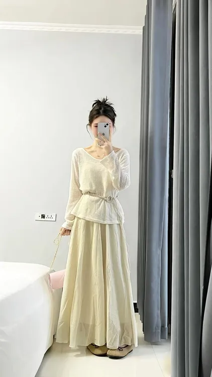 2025春季新款纯欲辣妹假两件撞色钩花吊带针织衫半身裙两件套装