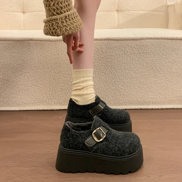 灰色保暖加绒厚底毛毛棉鞋女冬外穿2025新款小个子增高全包勃肯鞋