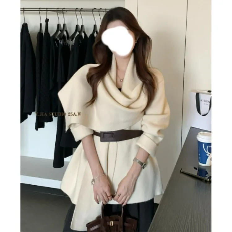 松弛氛围感围巾领气质慵懒针织开衫外套短外套(配腰带)