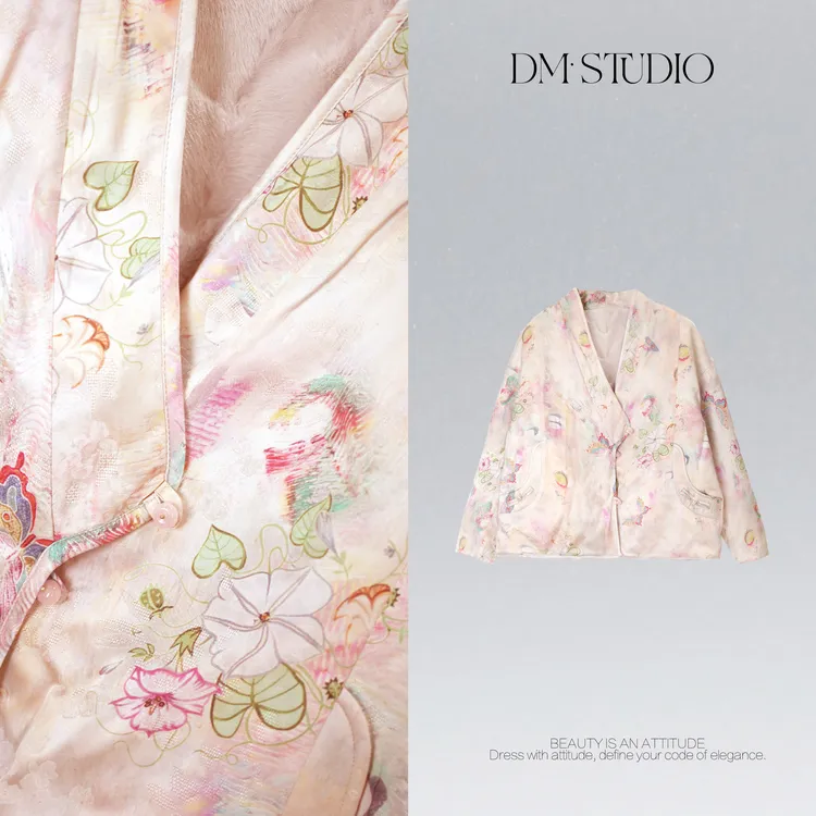 DEDM•STUDIO/新中式静奢风提花V领双面水貂毛盘扣外套2510WT/T053