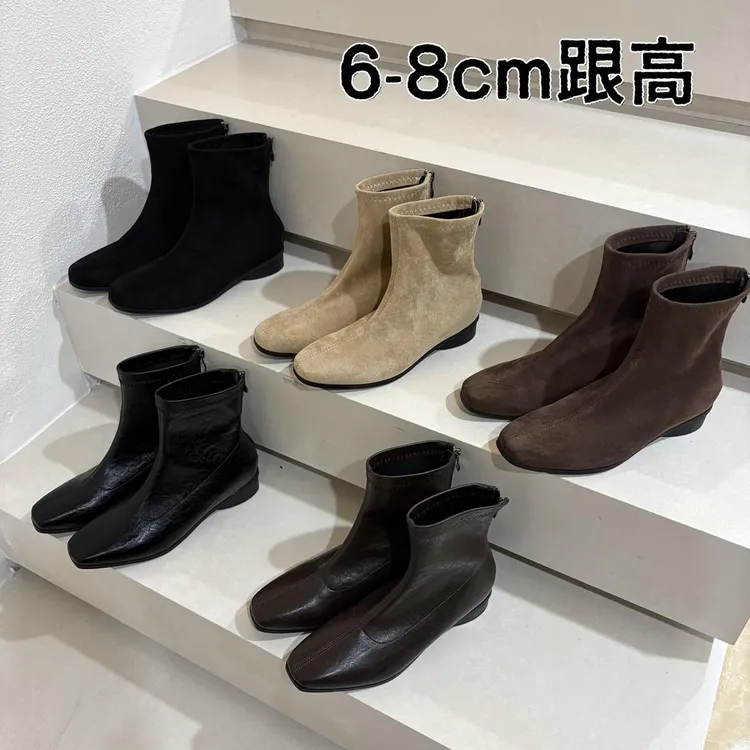 2025新款小个子秋冬洋气棕色粗跟短靴女后拉链高跟韩系瘦瘦靴