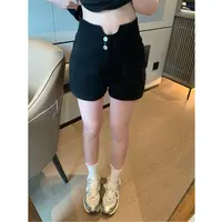 超绝小蛮腰三粒扣高腰弹力牛仔短裤遮肚子显瘦a字阔腿裤