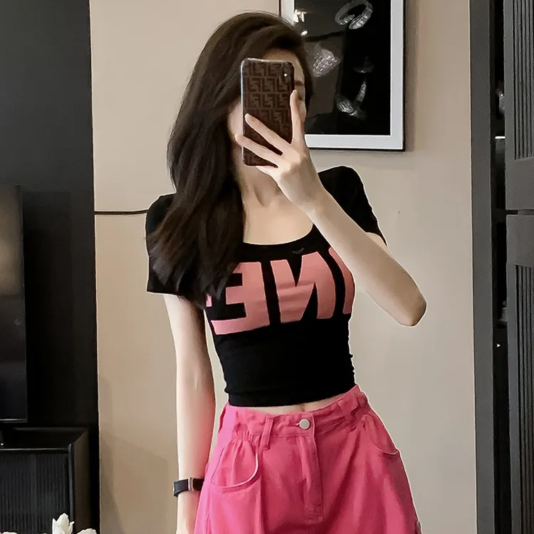 紧身短款低领t恤女短袖夏季新款高腰修身显瘦辣妹露脐半袖衫上衣