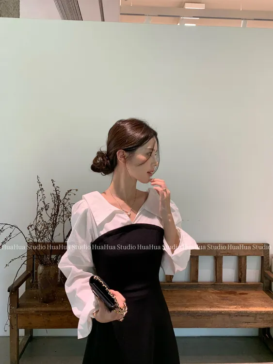 【花花】画报女神~韩系黑白撞色拼接大开领收腰显瘦连衣裙