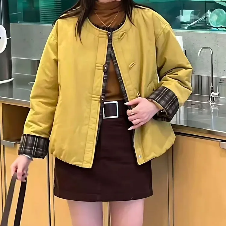 爱尚韩系格子拼接夹棉圆领棉服短外套女冬季宽松显瘦百搭棉服上衣
