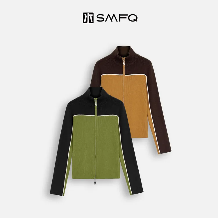 水木夫妻“ 色块碰撞”羊毛混纺撞色拉链拼接针织毛衣