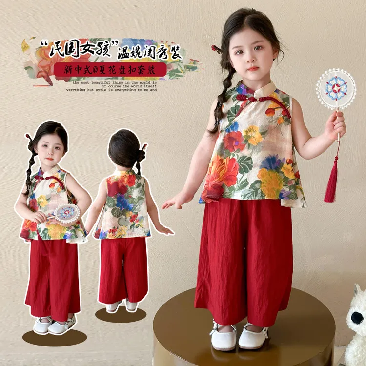 新款夏季复古花盘扣女童时尚百民族风童装色洋气两件套