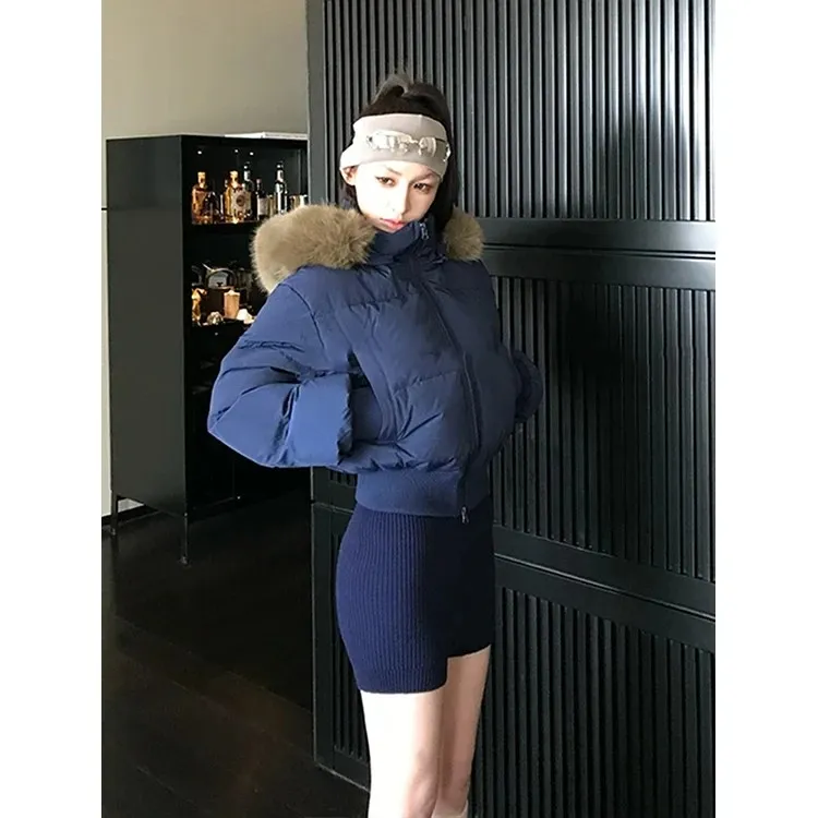 现货复古藏青色连帽保暖棉服女冬季设计收腰修身短款加厚防寒棉衣