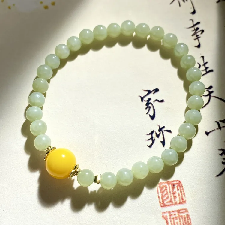 天然和田玉手串6mm晴水料搭配黄玛瑙简约女款手链多样性发一WL616