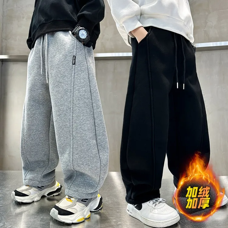 男童加绒裤子冬季加厚保暖弯刀裤2025中大童儿童冬装宽松运动休闲