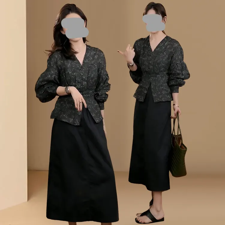 法式气质碎花印花长袖衬衫女夏季新款高腰宽松今年流行两件套装裙