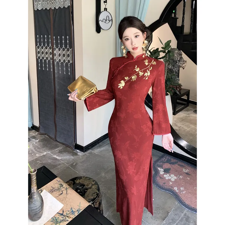 红色旗袍女新中式2025新款秋冬连衣裙复古气质长袖敬酒服订婚礼服