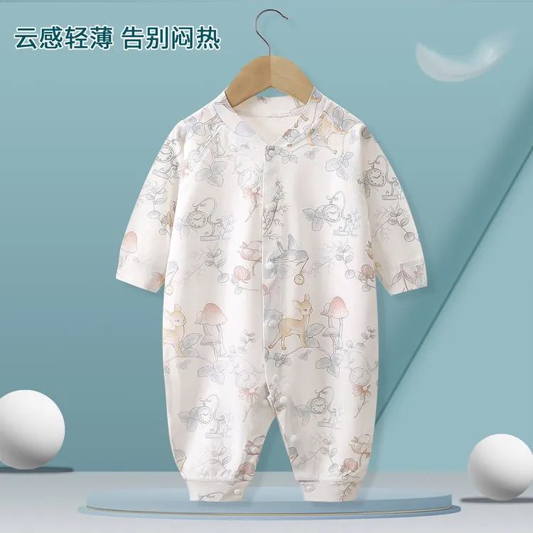 夏季新生儿连体衣婴儿空调房薄款无骨睡衣长袖爬服宝宝休闲家居服