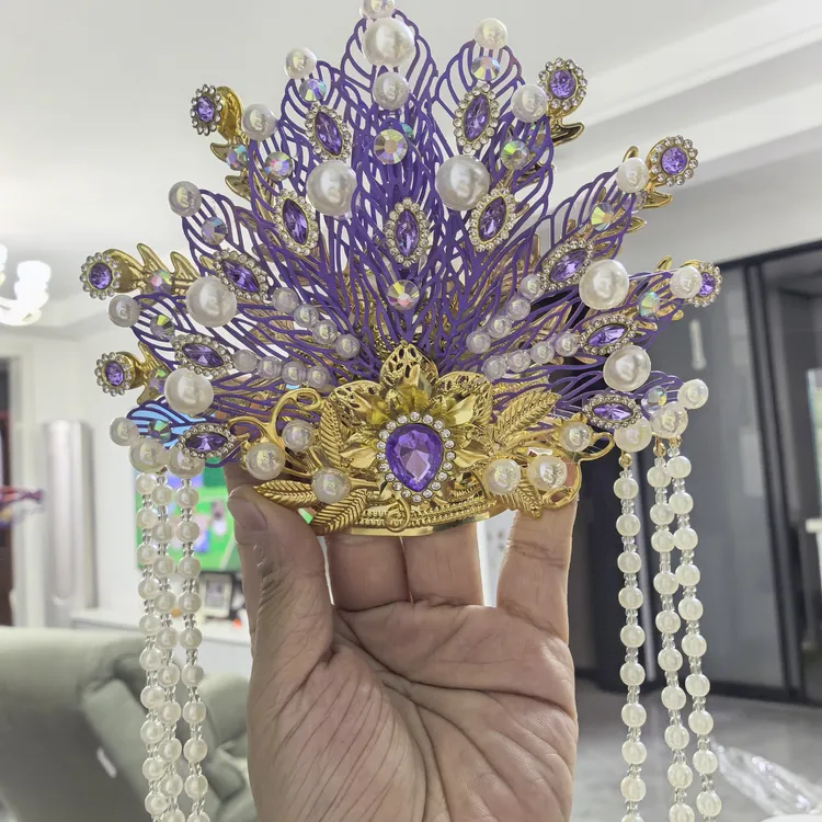 纯手工紫耀金翎冠家用配饰观音头冠王母娘娘通用凤冠金色皇冠流苏