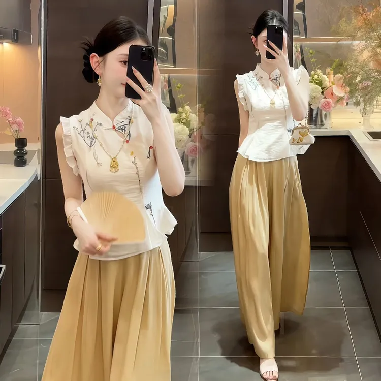 休闲气质套装女2025年夏季新款洋气减龄显瘦刺绣上衣阔腿裤两件套