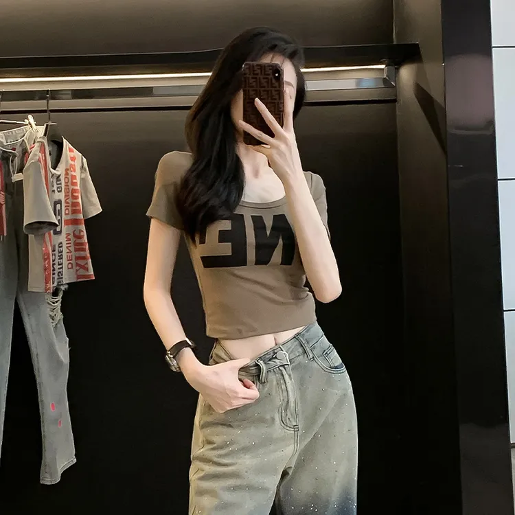 美式复古短袖t恤女夏季辣妹印花修身显瘦短款纯欲正肩u领体恤上衣