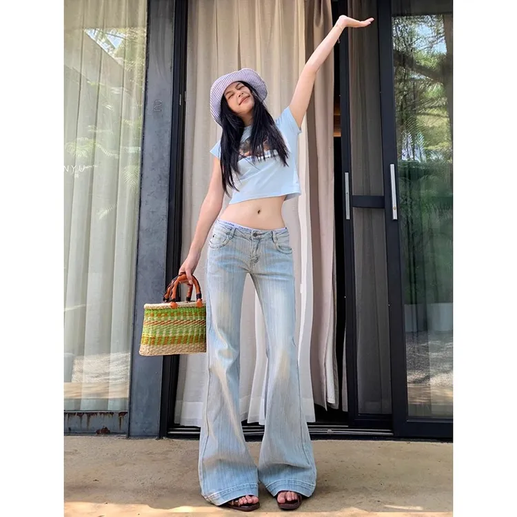 美式浅色低腰微喇牛仔裤女秋季2025新款直筒修身显瘦喇叭拖地裤子