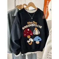 美式复古爆款设计感蘑菇刺绣卫衣女2025新款宽松休闲胖mm圆领上衣