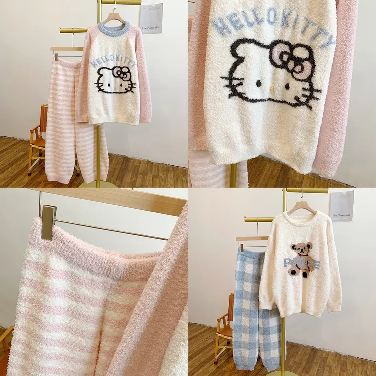 C5259珊瑚绒卡通提花圆领上衣松紧腰阔腿裤家居服套装