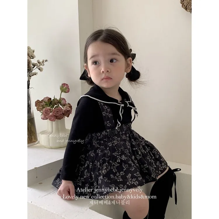 秋季赫本风婴幼儿外出服女宝宝碎花背带哈衣裙秋款领结长袖套装