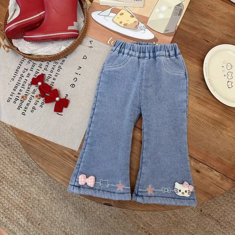 女童女宝宝中腰冬季加绒牛仔裤长裤休闲洋气韩版中小童时尚喇叭裤