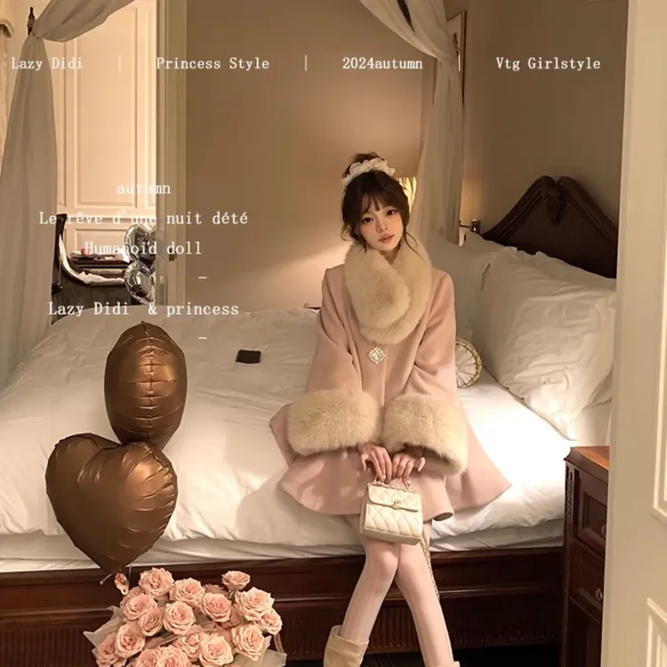 元元子专属千金风可拆卸毛毛领中长款女毛呢斗篷大衣