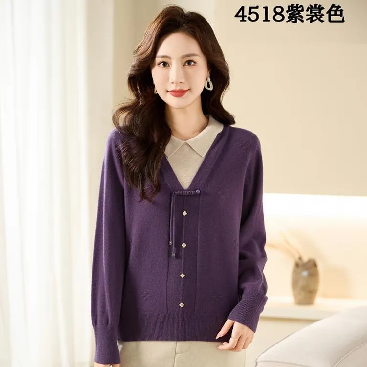 慕莲秋冬新款开衫毛衣100%纯羊毛衫绣花大码加肥开身扣子4518