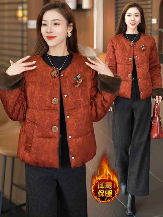 新中式国风短款棉衣外套女2025冬季新款宽松加厚保暖提花棉袄棉服