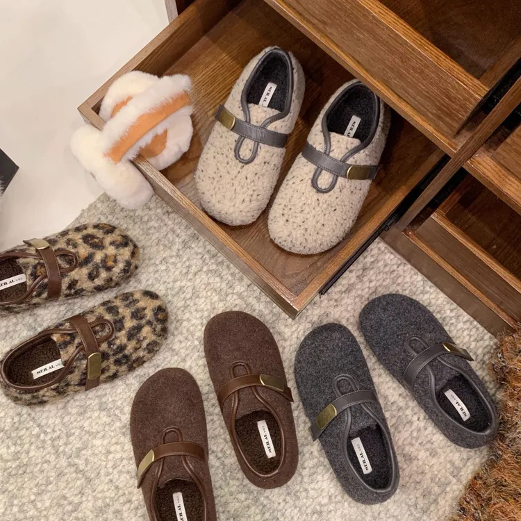 韩版复古百搭毛呢毛毛鞋女2025秋冬新款时尚魔术贴平底玛丽珍单鞋商品图