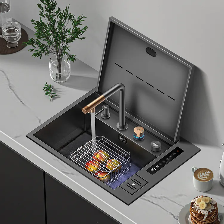 尼洛施智能果蔬净化水槽水吧台岛台隐形洗菜盆隐藏式翻盖洗杯器槽