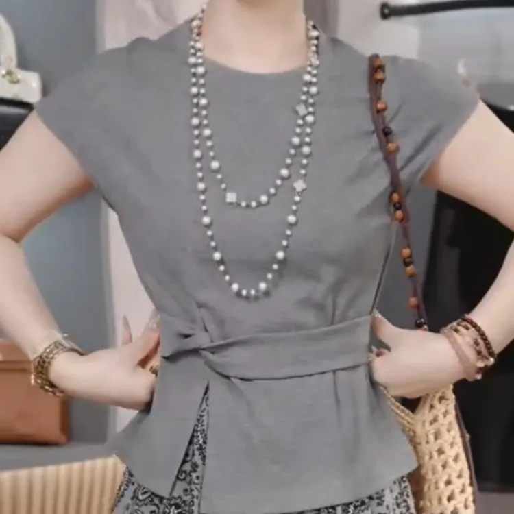 2025夏季新款收腰显瘦圆领砍袖高级感气质T恤LK2503991