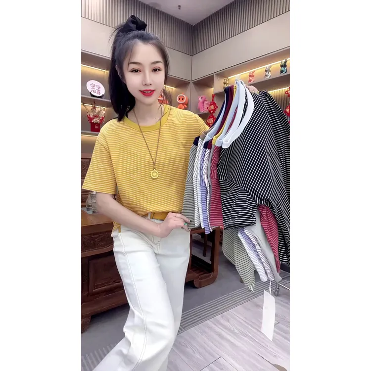 欧货新款休闲风拼色条纹正肩圆领短袖上衣女