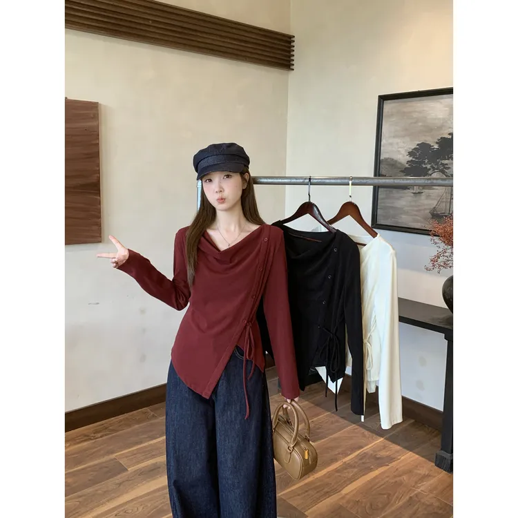 2025秋装新款胖mm大码女不规则荡领长袖T恤法式气质绑带上衣加宽