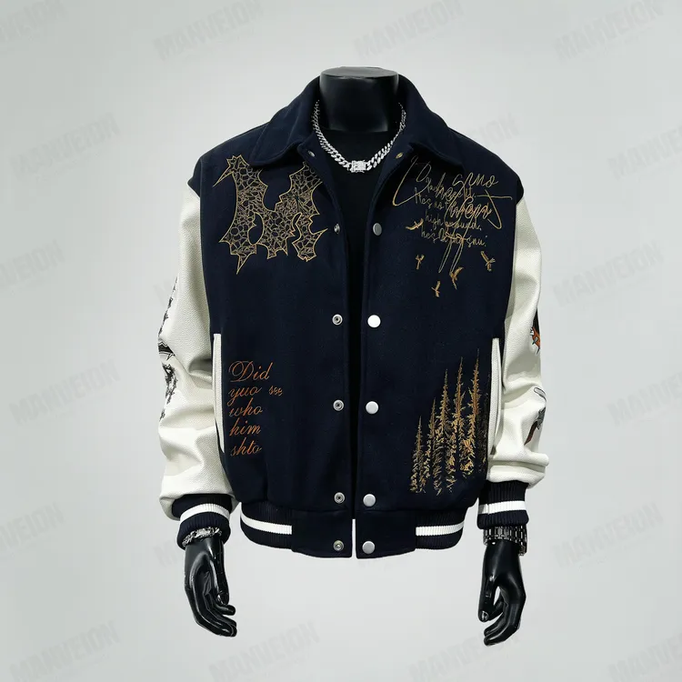 MANVEION害群之马重工刺绣狗头棒球服外套高级感呢料翻领美式夹克