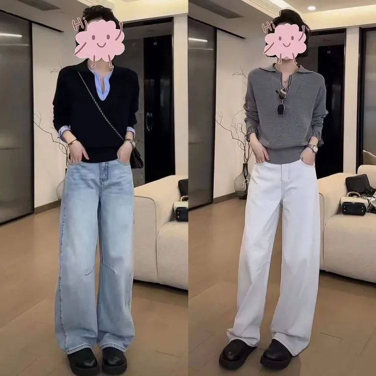 早春穿搭一整套女装洋气休闲拼接V领针织衫+牛仔裤两件套百搭时尚